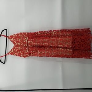 Laffaire | Red Lace Strappy Midi lace dress - nude underlay - Medium